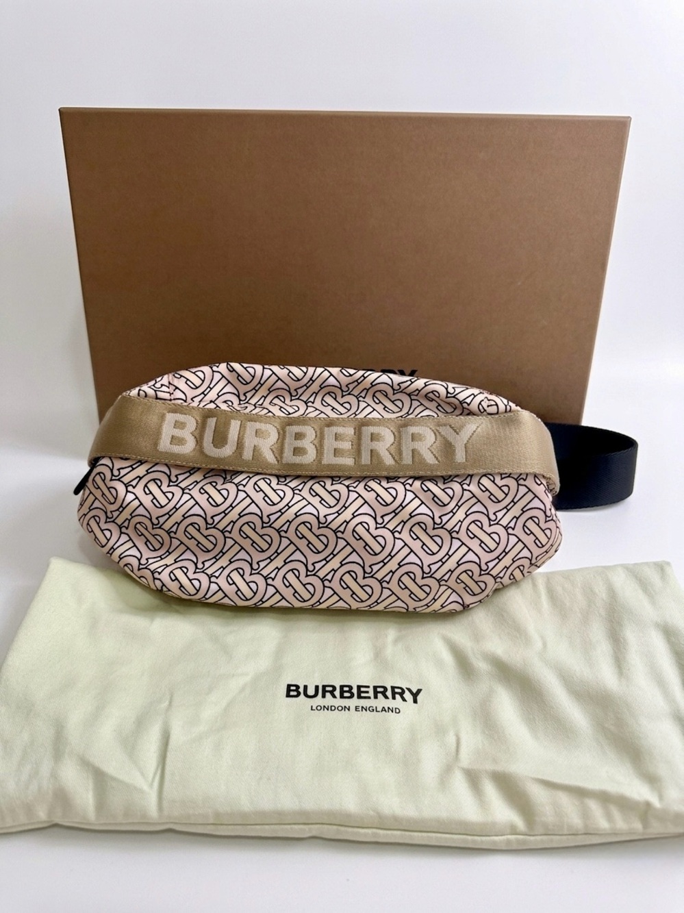 Full Inclusion Burberry Pink and Beige TB Monogram Belt Bag